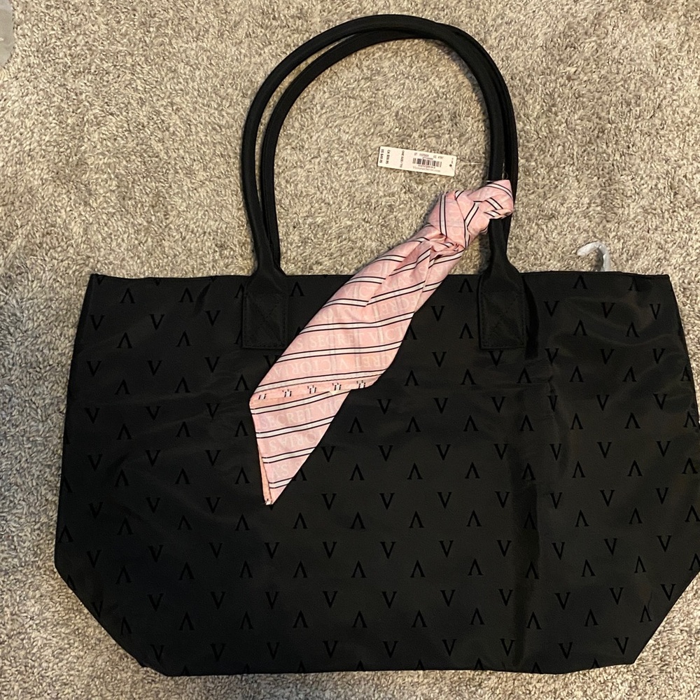 NWT Victoria's Secret Black Tote with Pink Scarf - Picture 3 of 5